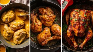 Step-by-step preparation of Peruvian chicken recipe showing marinating, cooking, and finished golden chicken