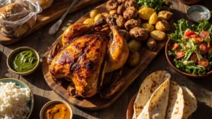 Peruvian chicken served with aji verde, rice, roasted potatoes, salad, and meal prep containers – recipe ideas and storage tips