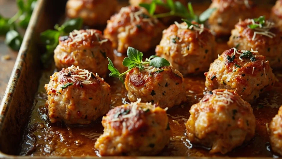 Juicy chicken meatballs recipe with Parmesan and Italian herbs, baked to perfection and ready to serve.