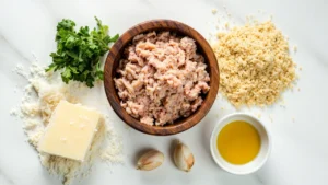 Ingredients for chicken meatballs recipe including ground chicken, Parmesan, breadcrumbs, parsley, garlic, and olive oil.