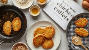Step-by-step preparation for a crispy chicken cutlet recipe, featuring golden-brown fried cutlets in a pan, with ingredients like flour, breadcrumbs, eggs, and a recipe book.