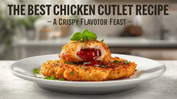Golden crispy chicken cutlets served on a white plate, with one cutlet revealing a rich red filling, garnished with fresh parsley and a sprig of basil.