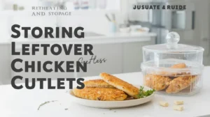 Leftover crispy chicken cutlets stored in a container with fresh thyme garnish, placed on a kitchen counter next to the cutlets on a plate.
