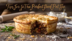 Delicious beef pot pie with golden flaky crust and savory filling, showcasing tender beef and vegetables.