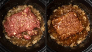 Step-by-step cooking process for beef short ribs recipe slow cooker with onions, garlic, herbs, and rich sauce.
