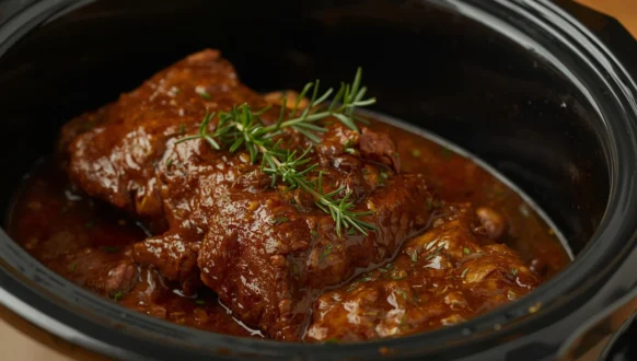 Beef short ribs recipe slow cooker style with tender fall-off-the-bone ribs in rich brown gravy and fresh herbs.