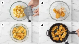 Step-by-step process showing how to cut, soak, blanch, and fry waffle fries for an authentic Chick-fil-A copycat recipe.