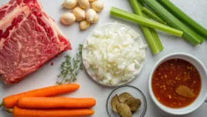 Ingredients for beef short ribs recipe slow cooker including beef ribs, garlic, onions, carrots, celery, and fresh herbs.