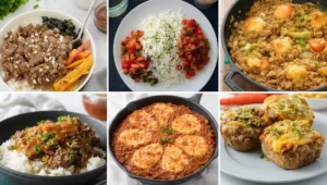 A collection of 6 different ground beef and rice dishes, including stir-fries, rice bowls, and casseroles, showcasing a variety of flavors and textures.