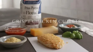 Ingredients for crispy chicken cutlets including flour, bread crumbs, Parmesan cheese, tomato sauce, and fresh basil arranged on a dark table.