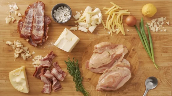 Ingredients for chicken carbonara recipe: raw chicken breast, bacon, cheese, eggs, garlic, green onions, and lemon on a wooden chopping board.