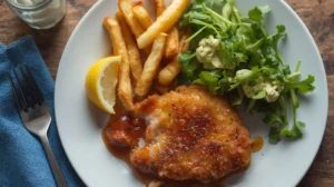 Plate of crispy chicken cutlets served with golden French fries, a side of fresh herbs, and a lemon wedge, drizzled with savory sauce.