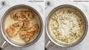Step-by-step photos of making chicken carbonara: searing chicken in creamy sauce (Step 5) and tossing pasta in the carbonara sauce (Step 6).