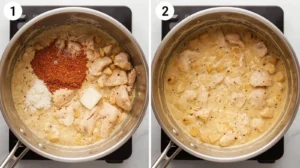Step-by-step process of making smothered chicken. Image shows adding seasonings and butter to chicken in a skillet, with creamy gravy forming.