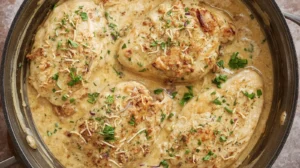 Smothered chicken recipe with creamy gravy and shredded cheese topping, garnished with fresh parsley, served in a skillet.