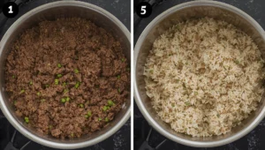 Step-by-step process of cooking ground beef and rice, showing the beef mixture with green onions and the final fluffy rice in a pot.