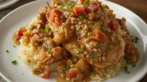 Delicious smothered chicken recipe served over mashed potatoes, topped with a flavorful gravy, diced tomatoes, and fresh herbs. Perfectly paired with rice.