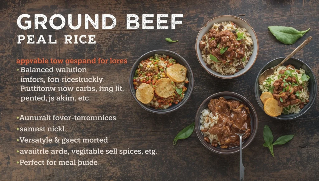Ground beef and rice in different bowls, with colorful vegetables and garnishes, showing the versatility of ground beef and rice recipes.