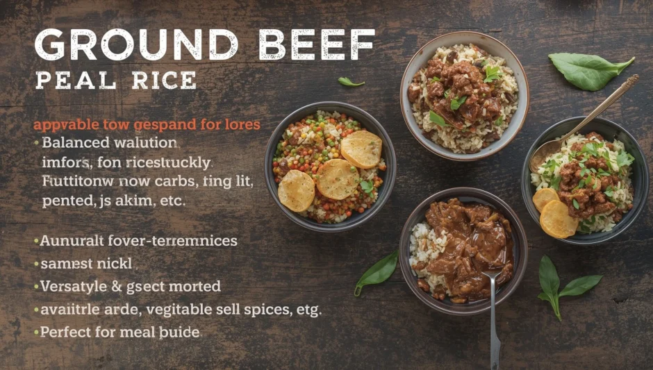 Ground beef and rice in different bowls, with colorful vegetables and garnishes, showing the versatility of ground beef and rice recipes.