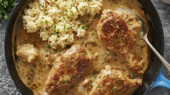 Smothered chicken recipe with creamy gravy and rice served in a skillet. A family-friendly meal, featuring tender chicken thighs cooked in a savory sauce