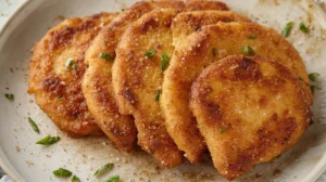 Golden crispy chicken cutlets served on a white plate, garnished with fresh green herbs and perfectly breaded to a crunchy finish.