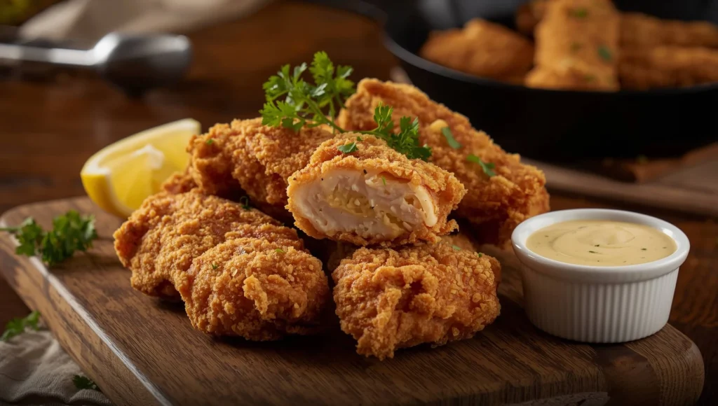 Crispy, juicy fried chicken tenders recipe on a rustic wooden board with dipping sauce