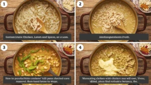 Step-by-step preparation of corn-free white chicken chili in a pot with shredded chicken, white beans, green chiles, and cream being stirred.