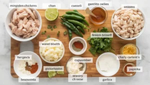 Ingredients for corn-free white chicken chili including shredded chicken, white beans, green chiles, onions, garlic, cream cheese, and spices arranged on a table.