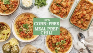 Corn-free white chicken chili prepared in meal prep containers, showing variations with toppings like cilantro, lime, and jalapeños.