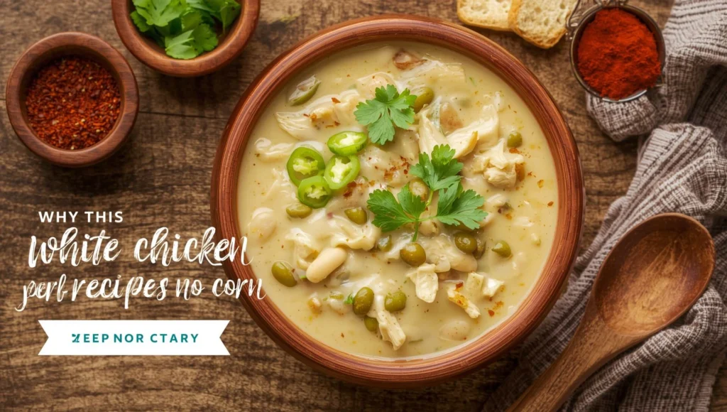 Bowl of creamy White Chicken Chili Recipe -Corn, garnished with cilantro and lime, highlighting allergen-friendly and smooth texture.
