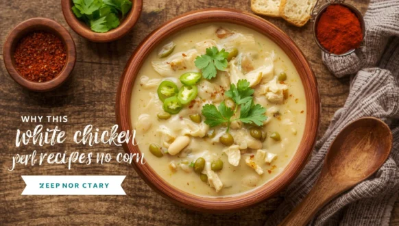 Bowl of creamy White Chicken Chili Recipe -Corn, garnished with cilantro and lime, highlighting allergen-friendly and smooth texture.