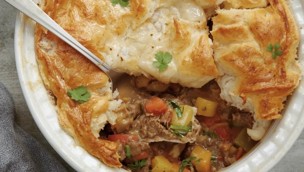 Delicious homemade beef pot pie with golden flaky crust, tender beef, vegetables, and savory gravy in a creamy filling.