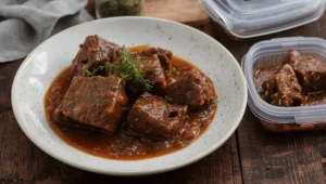 Tips, variations, and storage for beef short ribs recipe slow cooker with plated ribs and portioned airtight container.