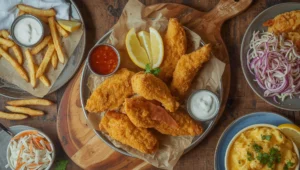 Crispy fried chicken tenders served with dipping sauces and sides like french fries and coleslaw