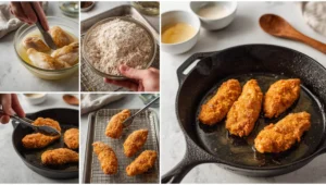 Step-by-step process of making crispy fried chicken tenders, including marinating, dredging, and frying