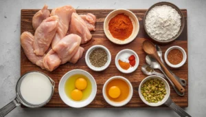 Ingredients for crispy fried chicken tenders including chicken, flour, spices, and buttermilk on a rustic wooden board