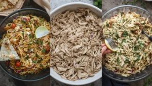 Various shredded chicken recipes including salads, tacos, and pasta dishes.