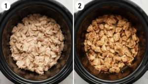 Step-by-step process of cooking chicken in a slow cooker for shredded chicken recipes.