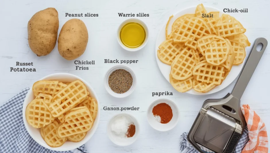 Ingredients for Chick fil A waffle fries recipe including russet potatoes, peanut oil, and sea salt on a kitchen counter.