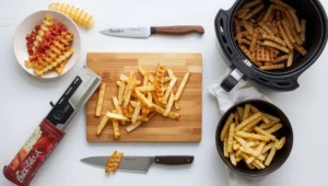 Mandoline slicer and kitchen tools used to cut waffle fries in the classic Chick-fil-A crisscut shape.
