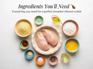 All ingredients for breaded chicken recipe: chicken breasts, panko breadcrumbs, flour, eggs, and seasoning arranged neatly