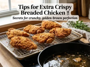 Golden crispy breaded chicken resting on a rack after pan-frying to maintain crunchiness – breaded chicken recipe tips