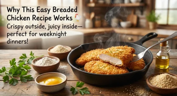 Golden crispy breaded chicken cutlets served hot with a side of lemon wedges and salad – easy breaded chicken recipe