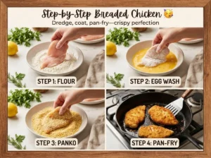 Step-by-step breading process for chicken cutlets: dredging in flour, dipping in egg wash, coating with panko breadcrumbs