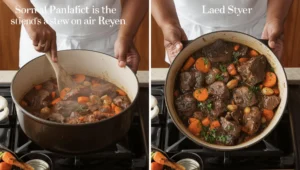 Searing beef for beef stew recipe on stove in a Dutch oven with caramelized edges and simmering vegetables.
