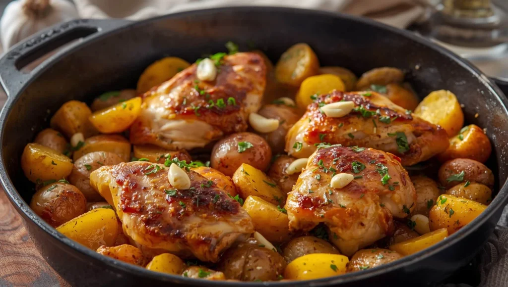 Juicy roasted chicken thighs with crispy golden potatoes, fresh herbs, and garlic, perfect chicken and potatoes recipe