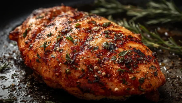 Juicy blackened chicken breast with crispy seared edges on a skillet, garnished with herbs – blackened chicken recipe
