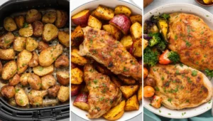 Different variations of chicken and potatoes recipe including air fryer, chicken breast, and sweet potato options