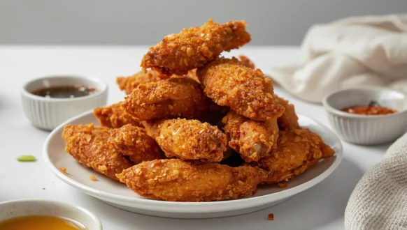 Crispy oven-baked chicken legs on a tray showing golden skin and juicy meat for baked chicken legs recipes.