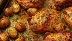 Golden, crispy chicken and potatoes in a roasting pan, ready to serve, for an extra crispy chicken and potatoes recipe